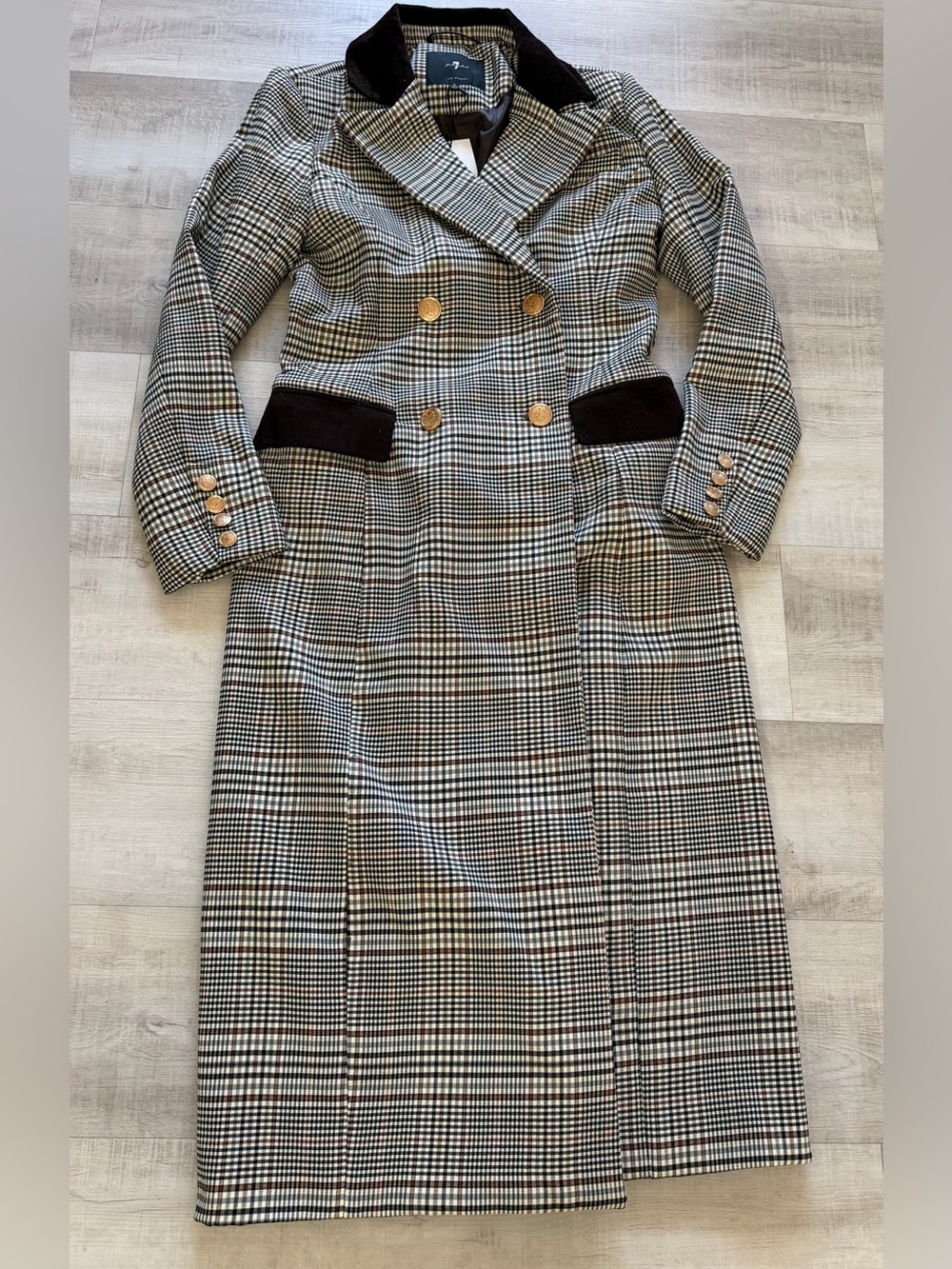 7 For All Mankind Black-and-White Houndstooth Double-Breasted Trench Coat